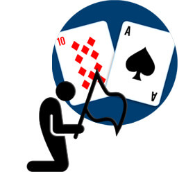 圓形圖標與紅鑽石二十一點卡和一張黑桃 A 內黑桃卡,男人在他的膝蓋上的圖標與投降的旗幟